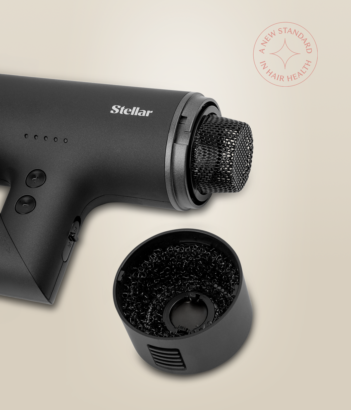 Black Stellar OmniFlex dryer with its filter cover removed, showing the mesh filter and detached cover.