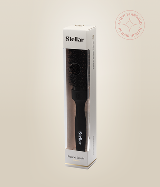 Black HeatSense Round Brush inside a white Stellar box with a clear front window.
