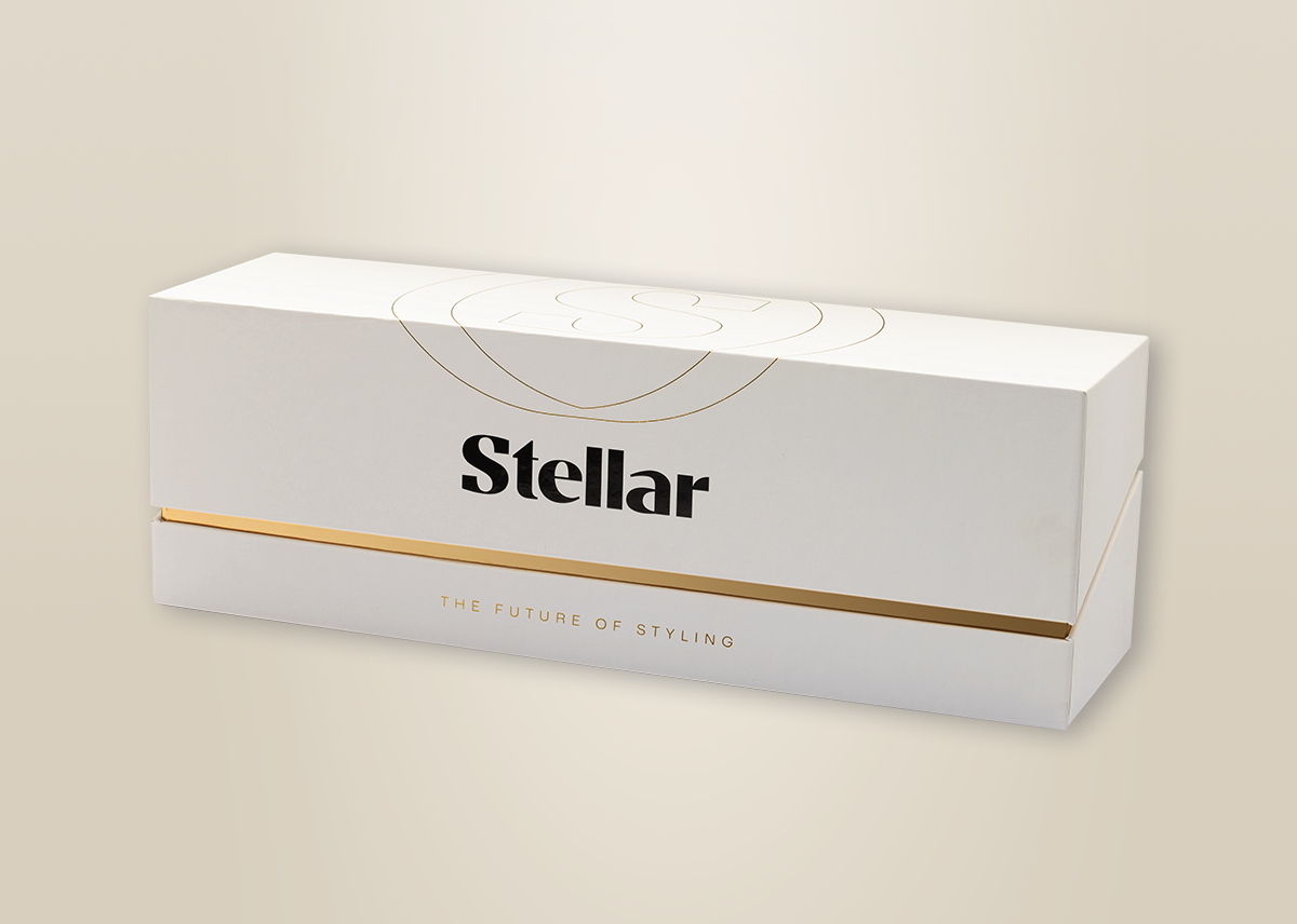 Closed cream Stellar presentation box with gold trim