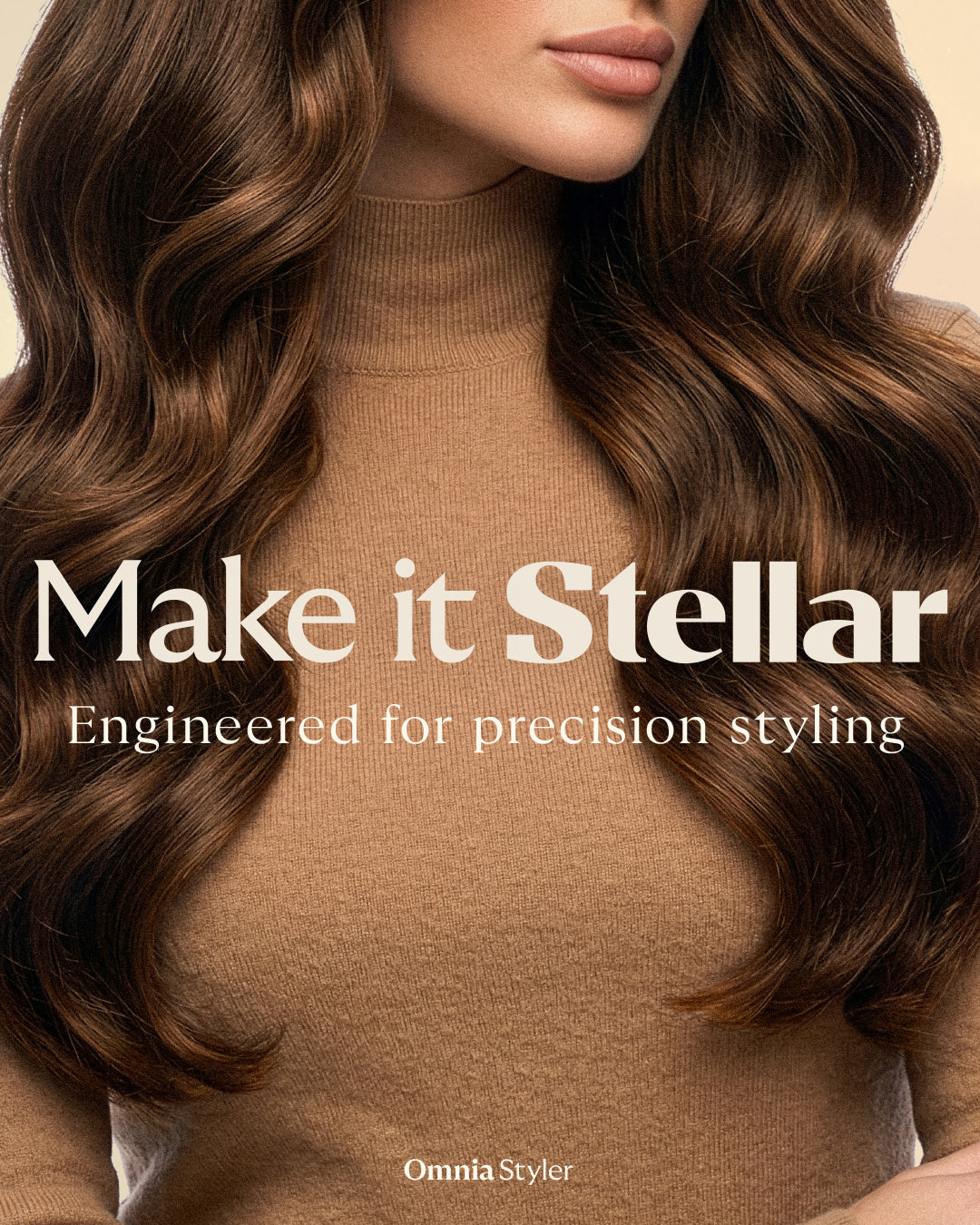 Long brown waves and tan knitwear in the Make it Stellar campaign artwork.